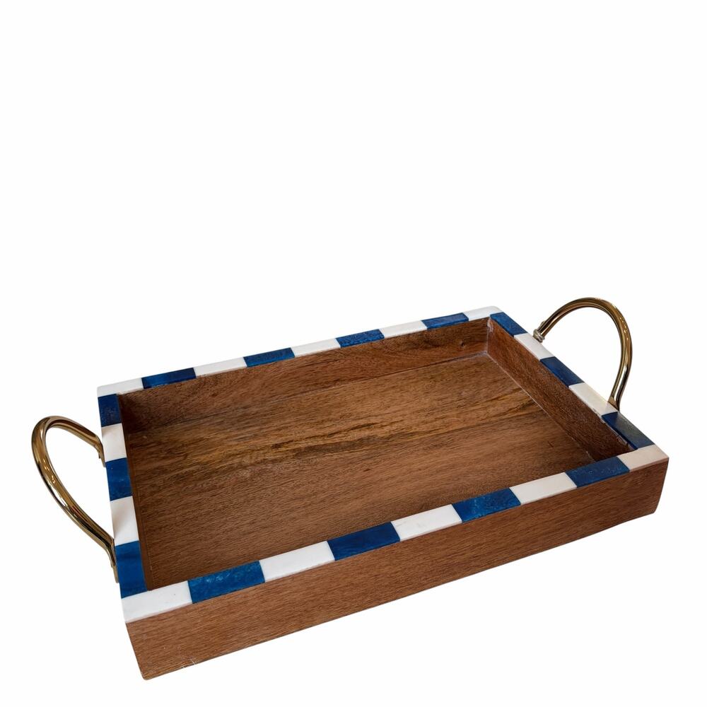 Blue & White Checkered Enameled Resin Wood Serving Tray 14x9 Made In India NEW